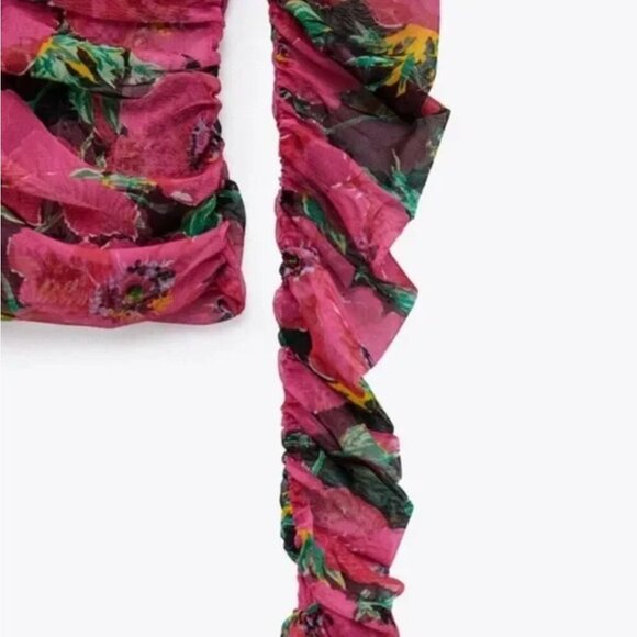 ZARA Pink Floral Printed Draped Tulle Mesh Top Size XL NEW WITH TAG! - Picture 4 of 12
